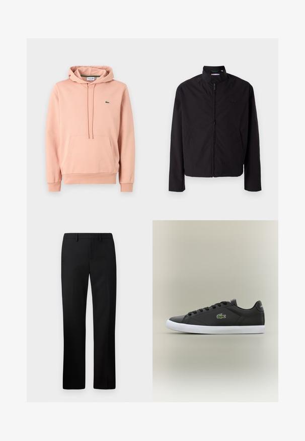 Casaco leve preto, com fecho elétrico, gola alta, bolsos laterais, tecido liso, design minimalista com logótipo em destaque no peito.; Sweatshirt rosa feito de tecido macio, com um bolso canguru, capuz com cordão, punhos canelados e um pequeno logótipo verde no peito.; Calças pretas sob medida com um design de perna reta, feitas de um tecido suave. Inclui uma frente lisa e uma cintura de altura média.; Tênis de couro preto com sola de borracha branca, apresentando um logotipo de crocodilo verde e cadarços redondos, design elegante com textura suave.