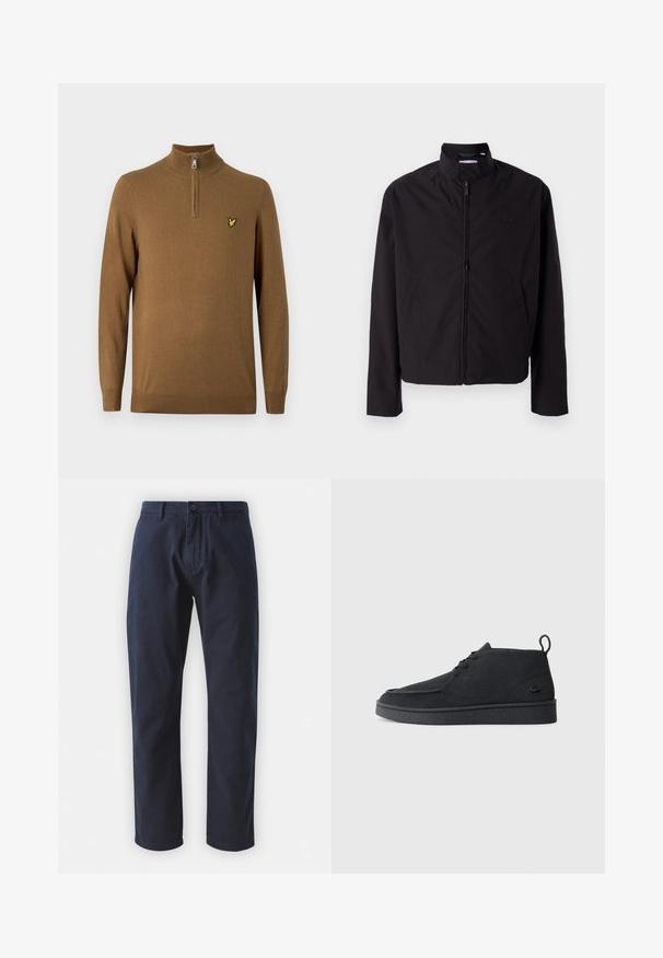 Czarna lekka kurtka, zapinana na zamek, z kołnierzem stojącym, kieszeniami po bokach, gładki materiał, minimalistyczny design z akcentem logo na piersi.; Lyle & Scott - Sweter; Granatowe bawełniane spodnie z prostymi nogawkami, z zapięciem na guziki z przodu oraz szlufkami na pasek. Gładka faktura i minimalistyczny design.; Czarne zamszowe botki za kostkę na sznurki z pętelką i teksturowaną podeszwą, z małym wytłoczonym logo krokodyla z boku.