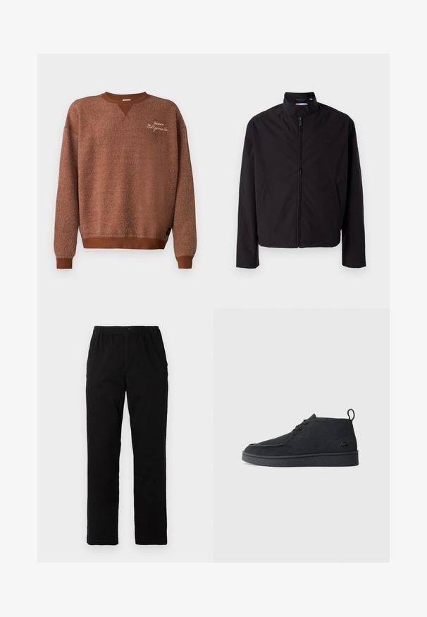 Crna lagana jakna, zatvaranje na zip, stojeći ovratnik, bočni džepovi, glatka tkanina, minimalistički dizajn s logotipom na prsima.; Smeđi dukserica s teksturiranim završetkom, s V-izrezom i rebrastim manžetama. Izvezena oznaka glasi "Guess Originals."; Crne hlače od pamuka s dodatkom, ravnog kroja, s elastičnim pojasom i dugmetom, bez vidljivih uzoraka ili ukrasa.; Crne antilop čizme do gležnja sa vezicama, kopčom za povlačenje i teksturiranom potplatom, s malim utisnutim logom krokodila sa strane.