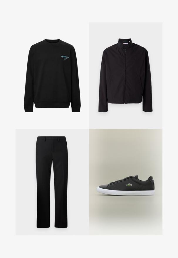 Casaco leve preto, com fecho elétrico, gola alta, bolsos laterais, tecido liso, design minimalista com logótipo em destaque no peito.; Sweatshirt preto em algodão, com decote redondo e mangas longas. Possui um pequeno logotipo azul "AllSaints" na frente.; Calças pretas sob medida com um design de perna reta, feitas de um tecido suave. Inclui uma frente lisa e uma cintura de altura média.; Tênis de couro preto com sola de borracha branca, apresentando um logotipo de crocodilo verde e cadarços redondos, design elegante com textura suave.