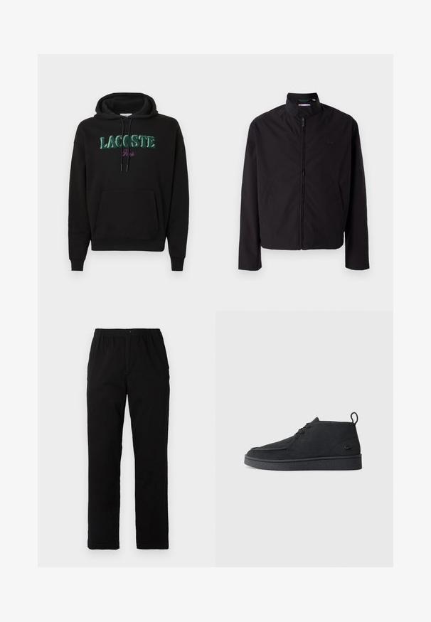 Black lightweight jacket, zip closure, stand-up collar, side pockets, smooth fabric, minimalistic design with logo accent on the chest.; Black hoodie with a front kangaroo pocket, features green and purple embroidered "LACOSTE Paris" logo, drawstring hood, and ribbed cuffs.; Black pants made of cotton blend fabric, featuring a straight cut, elastic waistband with button, and no visible patterns or accents.; Black suede lace-up ankle boot with pull tab and textured sole, featuring small embossed crocodile logo on the side.