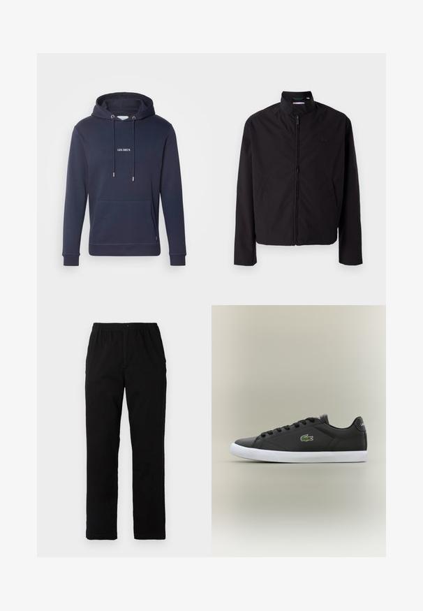 Casaco leve preto, com fecho elétrico, gola alta, bolsos laterais, tecido liso, design minimalista com logótipo em destaque no peito.; Sweatshirt azul marinho feito de tecido suave, com um bolso canguru na frente, capuz com cordão e texto branco "LES DEUX" no peito.; Calças pretas feitas de um tecido de algodão misto, com corte reto, cintura elástica com botão e sem padrões ou detalhes visíveis.; Tênis de couro preto com sola de borracha branca, apresentando um logotipo de crocodilo verde e cadarços redondos, design elegante com textura suave.