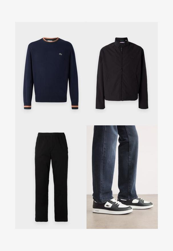 Zwarte lichtgewicht jas, ritssluiting, opstaande kraag, zijzakken, gladde stof, minimalistisch ontwerp met logo-accent op de borst.; Navyblauwe trui met een ronde hals, ribgebreide manchetten met groene, oranje en witte strepen, en een klein geborduurd logo op de borst.; Zwarte broek van een katoenmix, met een rechte snit, een elastische tailleband met knoop en zonder zichtbare patronen of accenten.; Zwart-witte Lacoste sneakers met een gestructureerde leren bovenkant, voorzien van een vetersluiting en een witte rubberen loopzool. Gecombineerd met een donkere jeans.