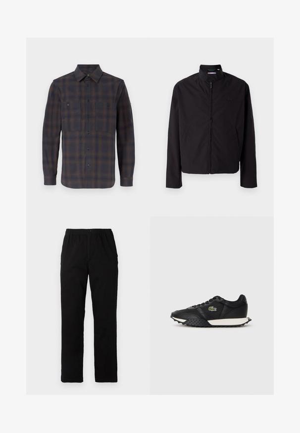 Czarna lekka kurtka, zapinana na zamek, z kołnierzem stojącym, kieszeniami po bokach, gładki materiał, minimalistyczny design z akcentem logo na piersi.; Koszula flanelowa z długim rękawem w ciemnoniebieską i brązową kratę. Posiada klasyczny kołnierzyk, dwie kieszenie na piersiach oraz zapięcie na guziki.; Czarne spodnie wykonane z mieszanki bawełny, z prostym krojem, elastycznym paskiem w talii z guzikiem oraz bez widocznych wzorów czy akcentów.; Czarne sneakersy o gładkim skórzanym wykończeniu, z teksturowaną gumową podeszwą, białą podeszwą środkową oraz zielonym haftowanym logo na boku.