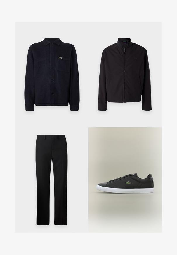 Zwarte lichtgewicht jas, ritssluiting, opstaande kraag, zijzakken, gladde stof, minimalistisch ontwerp met logo-accent op de borst.; Marine textuur shirtjack gemaakt van zachte stof, met een kraag, knoopsluiting aan de voorkant, lange mouwen en een gestikte zak met een logo.; Zwarte op maat gemaakte broek met een rechte pijpdesign, gemaakt van gladde stof. Kenmerken zijn onder andere een platte voorkant en een middelhoge tailleband.; Zwarte leren sneakers met een witte rubberen zool, voorzien van een groen krokodil logo en ronde veters, slank ontwerp met een gladde textuur.