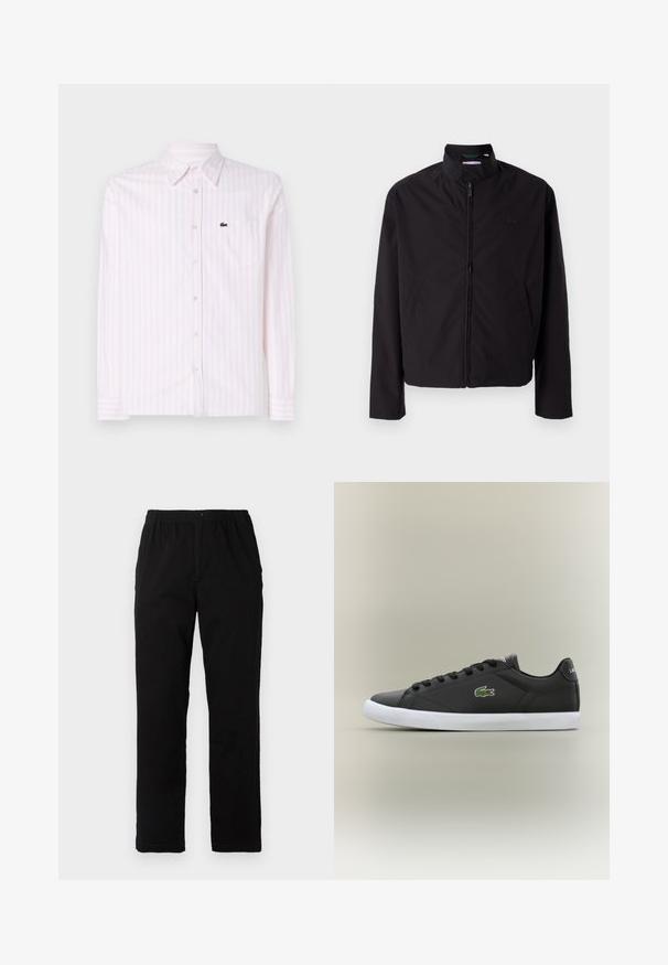 Casaco leve preto, com fecho elétrico, gola alta, bolsos laterais, tecido liso, design minimalista com logótipo em destaque no peito.; Lacoste Camisa - white/flamingo; Calças pretas feitas de um tecido de algodão misto, com corte reto, cintura elástica com botão e sem padrões ou detalhes visíveis.; Tênis de couro preto com sola de borracha branca, apresentando um logotipo de crocodilo verde e cadarços redondos, design elegante com textura suave.