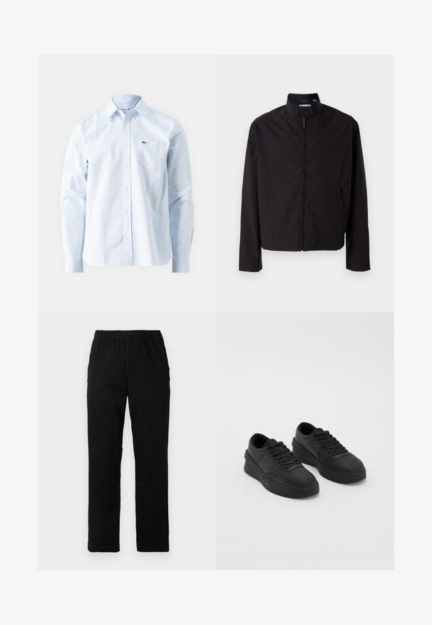Giacca nera leggera, chiusura con zip, colletto alto, tasche laterali, tessuto morbido, design minimalista con accento del logo sul petto.; Camicia a righe blu chiaro in cotone, con colletto button-down, maniche lunghe e un piccolo logo ricamato sulla tasca del petto.; Pantaloni neri realizzati in un tessuto misto cotone, caratterizzati da un taglio dritto, vita elastica con bottone e senza motivi o dettagli visibili.; Sneaker nere in pelle liscia con suola ammortizzata. Le caratteristiche includono lacci piatti, perforazioni sulla punta e una silhouette elegante.