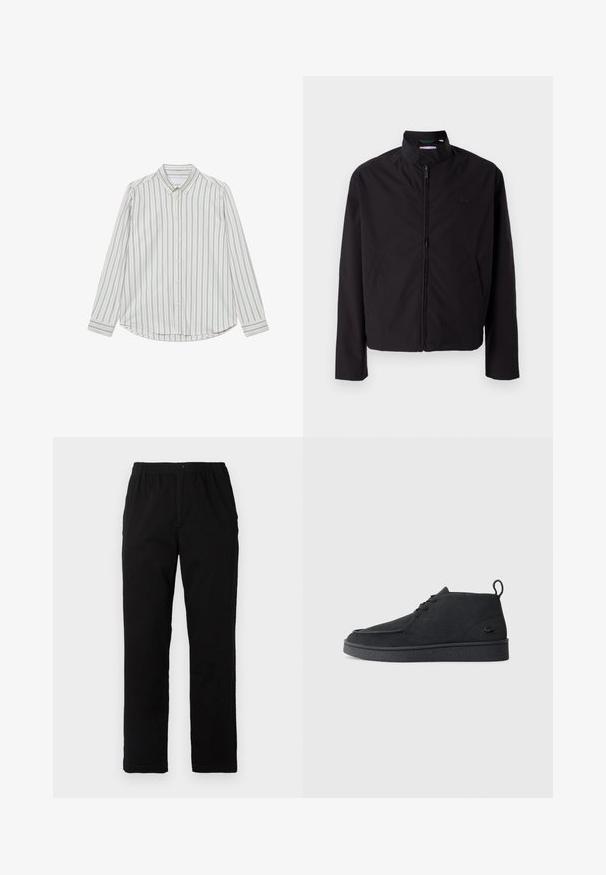 Černá lehká bunda, zapínání na zip, stojací límec, boční kapsy, hladká tkanina, minimalistický design s logem na prsou.; Kulatý košile s dlouhými rukávy z bavlny, se svislými modro-krémovými pruhy, špičatým límcem a zaobleným lemem. Obsahuje přední knoflíky.; Černé kalhoty vyrobené z bavlněné směsi, s rovný střih, elastickým pasem s knoflíkem a bez viditelných vzorů či akcentů.; Černé semišové kotníkové boty na šněrování s poutkem a texturovanou podrážkou, s malým reliéfním krokodýlím logem na boku.
