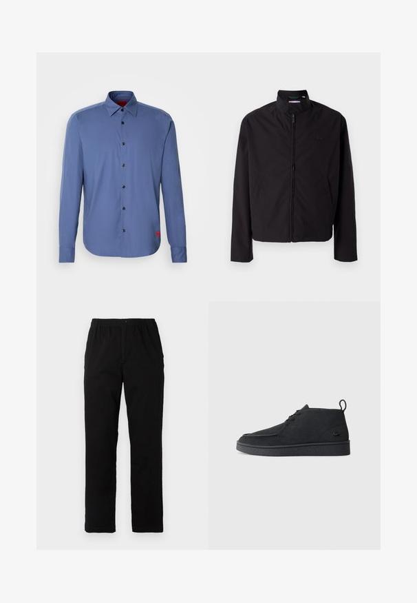 Veste légère noire, fermeture éclair, col montant, poches latérales, tissu lisse, design minimaliste avec accent logo sur la poitrine.; Chemise à manches longues bleue en tissu lisse, dotée d'une fermeture à boutons sur le devant, de boutons noirs et d'un petit logo rouge sur le côté gauche.; Pantalons noirs en tissu mélangé de coton, avec une coupe droite, une taille élastique avec bouton et sans motifs ni accents visibles.; Bottines en suède noir à lacets avec tirant et semelle texturée, présentant un petit logo de crocodile embossé sur le côté.