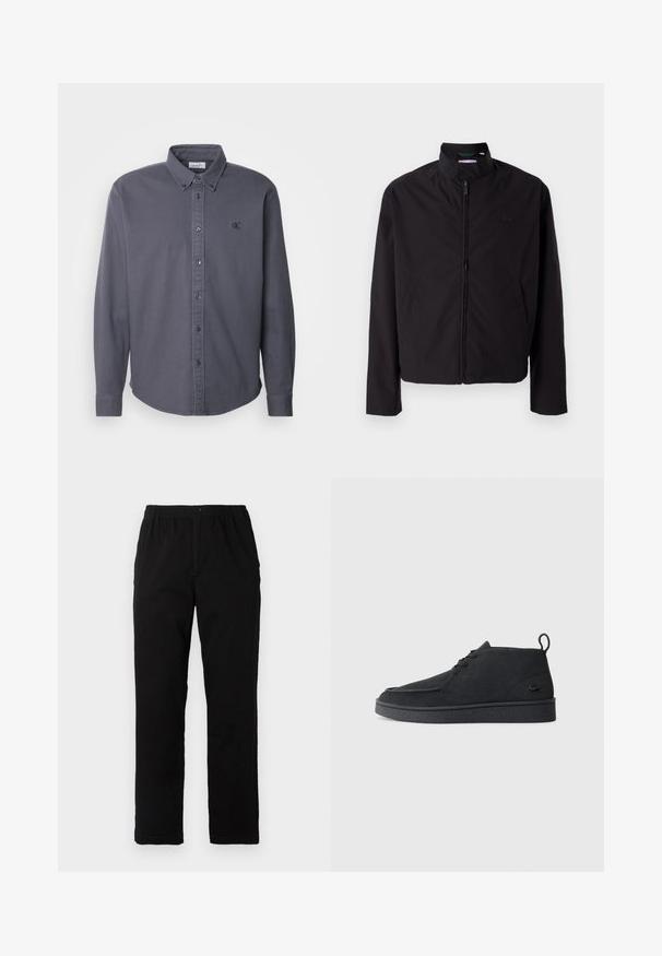 Casaco leve preto, com fecho elétrico, gola alta, bolsos laterais, tecido liso, design minimalista com logótipo em destaque no peito.; Calvin Klein Jeans GARMENT DYE SHIRT - Camisa - ebony; Calças pretas feitas de um tecido de algodão misto, com corte reto, cintura elástica com botão e sem padrões ou detalhes visíveis.; Botim de tornozelo em camurça preta, com atacadores, aba na parte traseira e sola texturizada, apresentando um pequeno logótipo de crocodilo em relevo na lateral.