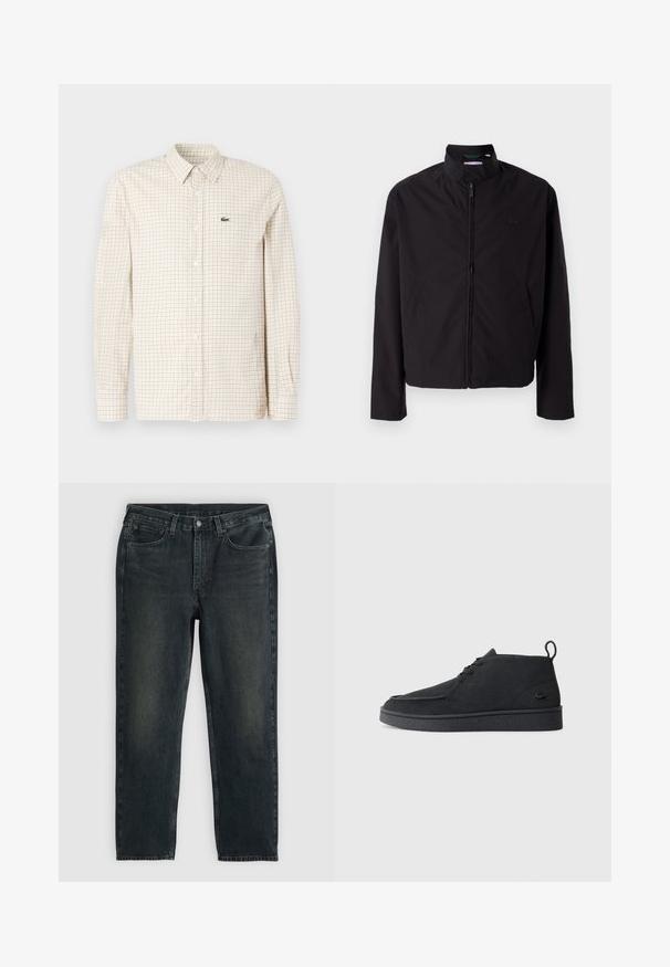 Musta kevyt takki, vetoketjukiinnitys, ylösnostettava kaulus, sivutaskut, sileä kangas, minimalistinen muotoilu logovivahteella rinnassa.; Valkoinen pitkähihainen napillinen paita, jossa on vaaleanruskea ruutukuosi, klassinen kaulus ja pieni kirjailtu logo.; Tummansinisiä farkkuja suoran lahkeen leikkauksella, viidellä taskulla, vetoketjukiinnityksellä ja kontrastivärisillä ompeleilla. Kankaan pinnassa on hieno haalistuminen.; Mustat mokka nauhalla suljettavat nilkkasaappaat, joissa on vetotappi ja teksturoitu pohja, sekä pieni kohokuvioitu krokotiililogo sivulla.