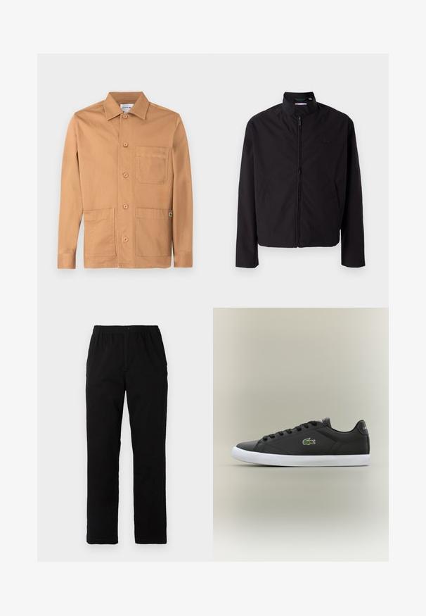 Giacca nera leggera, chiusura con zip, colletto alto, tasche laterali, tessuto morbido, design minimalista con accento del logo sul petto.; Giacca in cotone marrone con collo a risvolto, chiusura frontale con bottoni e due tasche applicate. Presenta un dettaglio logo sul lato inferiore.; Pantaloni neri realizzati in un tessuto misto cotone, caratterizzati da un taglio dritto, vita elastica con bottone e senza motivi o dettagli visibili.; Sneaker nere in pelle con suola in gomma bianca, dotate di logo verde a forma di coccodrillo e lacci rotondi, design elegante con texture liscia.