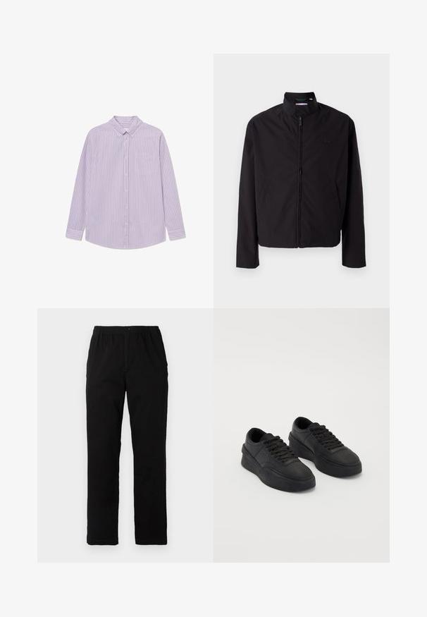 Zwarte lichtgewicht jas, ritssluiting, opstaande kraag, zijzakken, gladde stof, minimalistisch ontwerp met logo-accent op de borst.; Paarse en witte gestreepte lange mouw shirt met een button-down kraag, enkele borstzak en gebogen zoom. Gemaakt van lichtgewicht stof.; Zwarte broek van een katoenmix, met een rechte snit, een elastische tailleband met knoop en zonder zichtbare patronen of accenten.; Zwarte sneakers van soepel leer met een gestoffeerde zool. Kenmerken zijn plat veter, perforaties op de teen en een slanke silhouet.