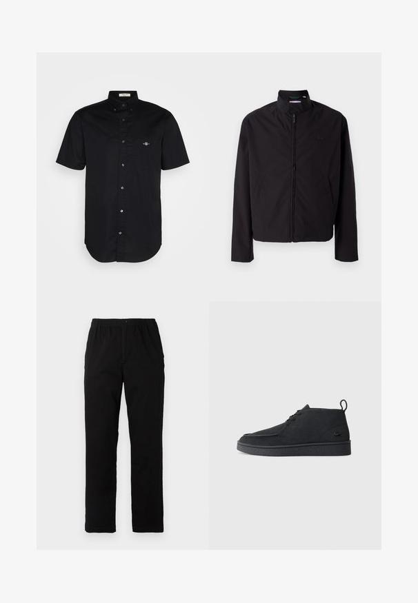 Giacca nera leggera, chiusura con zip, colletto alto, tasche laterali, tessuto morbido, design minimalista con accento del logo sul petto.; Maglietta nera a maniche corte, in cotone, con colletto a bottoni, tasca frontale con logo ricamato, orlo dritto, texture liscia.; Pantaloni neri realizzati in un tessuto misto cotone, caratterizzati da un taglio dritto, vita elastica con bottone e senza motivi o dettagli visibili.; Stivale alla caviglia in suede nero con lacci, dotato di una linguetta per il tiraggio e suola testurizzata, caratterizzato da un piccolo logo a forma di coccodrillo embossato sul lato.