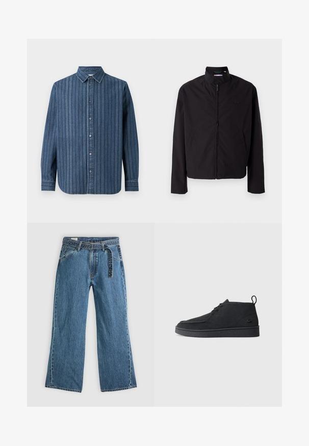 Czarna lekka kurtka, zapinana na zamek, z kołnierzem stojącym, kieszeniami po bokach, gładki materiał, minimalistyczny design z akcentem logo na piersi.; Samsøe Samsøe SADAMON niebieski denim; Niebieskie dżinsowe spodnie szerokie z dołączonym paskiem, kieszeniami z przodu i widocznym przeszyciem na jednolitym jasnym tle.; Czarne zamszowe botki za kostkę na sznurki z pętelką i teksturowaną podeszwą, z małym wytłoczonym logo krokodyla z boku.