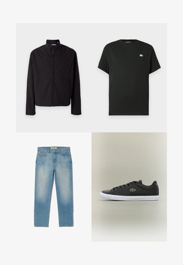 Črna lahka jakna, zadrga, dvignjen ovratnik, stranska žepa, gladka tkanina, minimalističen dizajn z logotipom na prsih.; Črna bombažna majica s kratkimi rokavi in okroglim izrezom, z zelenim izvezenim logotipom na levi strani prsnega koša. Gladek tekstura, sproščen kroj.; Svjetloplave traperice ravnog kroja, sa pet džepova i blagim izblijedjelim pranjem. Imaju srebrne detalje i oznaku s brendom na pojasu.; Črne usnjene superge z belo gumijasto podplatom, z zelenim krokodiljim logotipom in okroglimi vezalkami, elegantna zasnova z gladko teksturo.