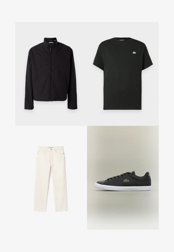 Črna lahka jakna, zadrga, dvignjen ovratnik, stranska žepa, gladka tkanina, minimalističen dizajn z logotipom na prsih.; Črna bombažna majica s kratkimi rokavi in okroglim izrezom, z zelenim izvezenim logotipom na levi strani prsnega koša. Gladek tekstura, sproščen kroj.; Denim hlače v kremni barvi s ravnim krojem, ki vključujejo dva sprednja žepa, gumbasto zapiranje in subtilno blagovno znamko blizu pasu.; Črne usnjene superge z belo gumijasto podplatom, z zelenim krokodiljim logotipom in okroglimi vezalkami, elegantna zasnova z gladko teksturo.