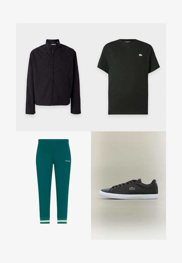 Črna lahka jakna, zadrga, dvignjen ovratnik, stranska žepa, gladka tkanina, minimalističen dizajn z logotipom na prsih.; Črna bombažna majica s kratkimi rokavi in okroglim izrezom, z zelenim izvezenim logotipom na levi strani prsnega koša. Gladek tekstura, sproščen kroj.; Turkizno modre bombažne športne hlače s koničastimi hlačnicami, elastičnim pasom in rebrastimi manšetami z belimi in zelenimi črtami. Na boku je logotip Calvin Klein.; Črne usnjene superge z belo gumijasto podplatom, z zelenim krokodiljim logotipom in okroglimi vezalkami, elegantna zasnova z gladko teksturo.