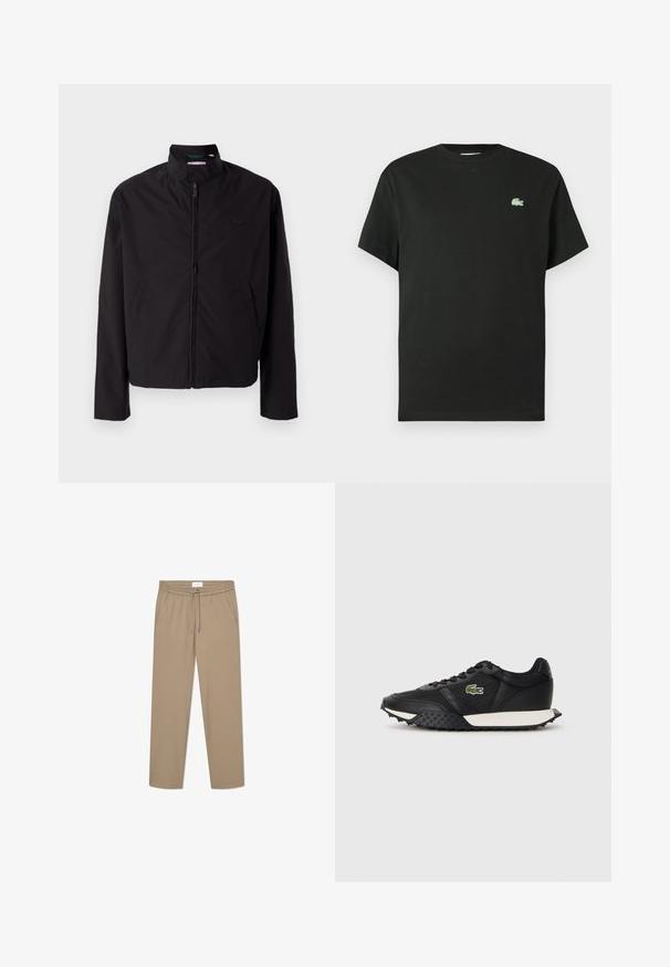 Black lightweight jacket, zip closure, stand-up collar, side pockets, smooth fabric, minimalistic design with logo accent on the chest.; Black cotton t-shirt with a crew neck, short sleeves, and a green embroidered logo on the left chest. Smooth texture, relaxed fit.; Beige stretch pants with an elastic waistband and drawstring, featuring two side pockets and a straight-leg design. Smooth texture.; Black sneakers with a smooth leather finish, featuring a textured rubber sole, white midsole, and a green embroidered logo on the side.