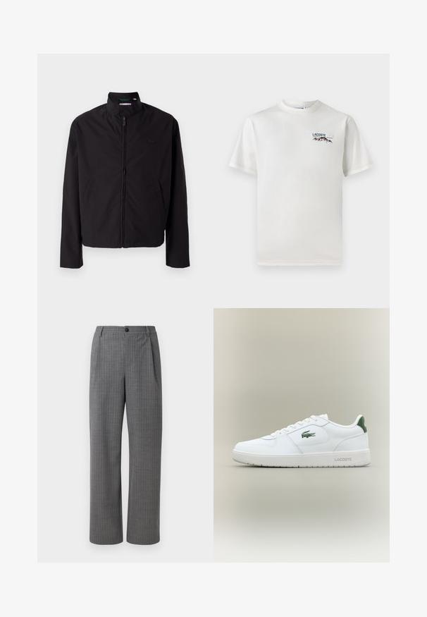 Črna lahka jakna, zadrga, dvignjen ovratnik, stranska žepa, gladka tkanina, minimalističen dizajn z logotipom na prsih.; Bela bombažna majica s krožnim ovratnikom, kratkimi rokavi in majhnim izvezenim logotipom, ki vsebuje gore in besedilo na levi prsni strani.; Sive hlače z vertikalnimi belimi črtami. Narejene iz gladkega materiala, z zapiranjem na gumb in širokimi nogavicami.; Bela usnjena tenisačka obutev s gladko površino, z zelenimi poudarki na peti in zelenim logotipom ob strani. Ima ravno podplat in okroglo konico.