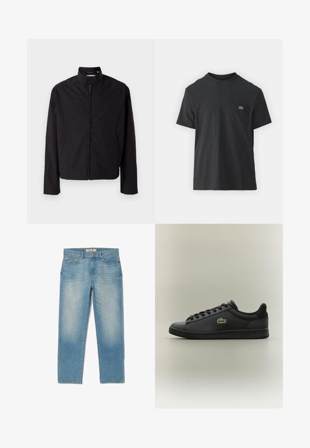 Casaco leve preto, com fecho elétrico, gola alta, bolsos laterais, tecido liso, design minimalista com logótipo em destaque no peito.; Camiseta de algodão preta com mangas curtas, decote redondo e um pequeno logo verde no bolso do peito esquerdo. Design simples, corte regular.; Jean de ganga azul claro com um design de perna reta, cinco bolsos e um efeito desbotado ligeiro. Apresenta detalhes em metal prateado e uma etiqueta com a marca na cintura.; Sapatilha de couro preta de cano baixo com atacadores pretos, apresentando um logótipo de crocodilo verde na lateral, colocada sobre um fundo neutro simples.