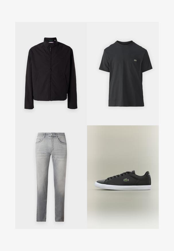 Chaqueta ligera negra, cierre de cremallera, cuello alzado, bolsillos laterales, tejido suave, diseño minimalista con acento de logo en el pecho.; Camiseta de algodón negra de manga corta, con cuello redondo y un pequeño logotipo verde en el bolsillo izquierdo del pecho. Diseño simple, ajuste regular.; Jeans de mezclilla gris con un corte slim, que presentan una cintura de altura media, cinco bolsillos y un ligero desvanecimiento en toda su superficie. Costuras clásicas a lo largo de las costuras.; Zapatillas de cuero negro con suela de goma blanca, con un logo de cocodrilo verde y cordones redondos, diseño elegante con textura suave.