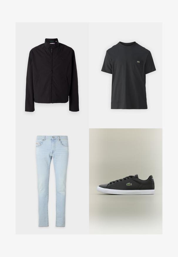 Musta kevyt takki, vetoketjukiinnitys, ylösnostettava kaulus, sivutaskut, sileä kangas, minimalistinen muotoilu logovivahteella rinnassa.; Mustat puuvillapaidat, joissa on lyhyet hihat, pyöreä pääntie ja pieni vihreä logo vasemmassa rintataskussa. Yksinkertainen muotoilu, normaali istuvuus.; Vaaleansiniset farkut, jotka ovat slim fit -mallia. Niissä on etu- ja takataskut, sekä lievää kulutusta kankaassa tekstuuriin.; Mustat nahkakengät valkoisella kumipohjalla, jossa on vihreä krokotiililogo ja pyöreät nauhat, sulavalinjainen muotoilu sileällä pinnalla.