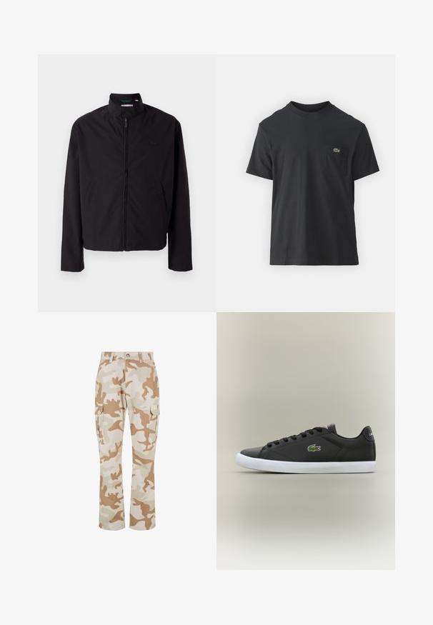 Chaqueta ligera negra, cierre de cremallera, cuello alzado, bolsillos laterales, tejido suave, diseño minimalista con acento de logo en el pecho.; Camiseta de algodón negra de manga corta, con cuello redondo y un pequeño logotipo verde en el bolsillo izquierdo del pecho. Diseño simple, ajuste regular.; Pantalones cargo de camuflaje beige con bolsillos laterales, fabricados en un tejido de textura suave, con un diseño de pierna recta y cierre de botón.; Zapatillas de cuero negro con suela de goma blanca, con un logo de cocodrilo verde y cordones redondos, diseño elegante con textura suave.