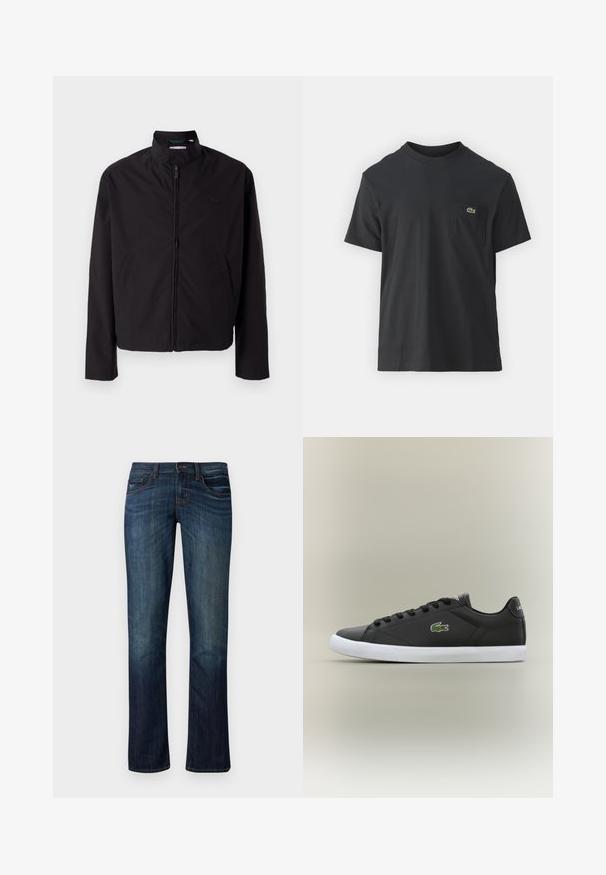 Musta kevyt takki, vetoketjukiinnitys, ylösnostettava kaulus, sivutaskut, sileä kangas, minimalistinen muotoilu logovivahteella rinnassa.; Mustat puuvillapaidat, joissa on lyhyet hihat, pyöreä pääntie ja pieni vihreä logo vasemmassa rintataskussa. Yksinkertainen muotoilu, normaali istuvuus.; Tummansiniset farkut suoranlahkeisina, joissa on viisi taskua, hieno haalistuma ja ompeluaksentteja. Valmistettu pehmeästä ja kestävästä kankaasta.; Mustat nahkakengät valkoisella kumipohjalla, jossa on vihreä krokotiililogo ja pyöreät nauhat, sulavalinjainen muotoilu sileällä pinnalla.