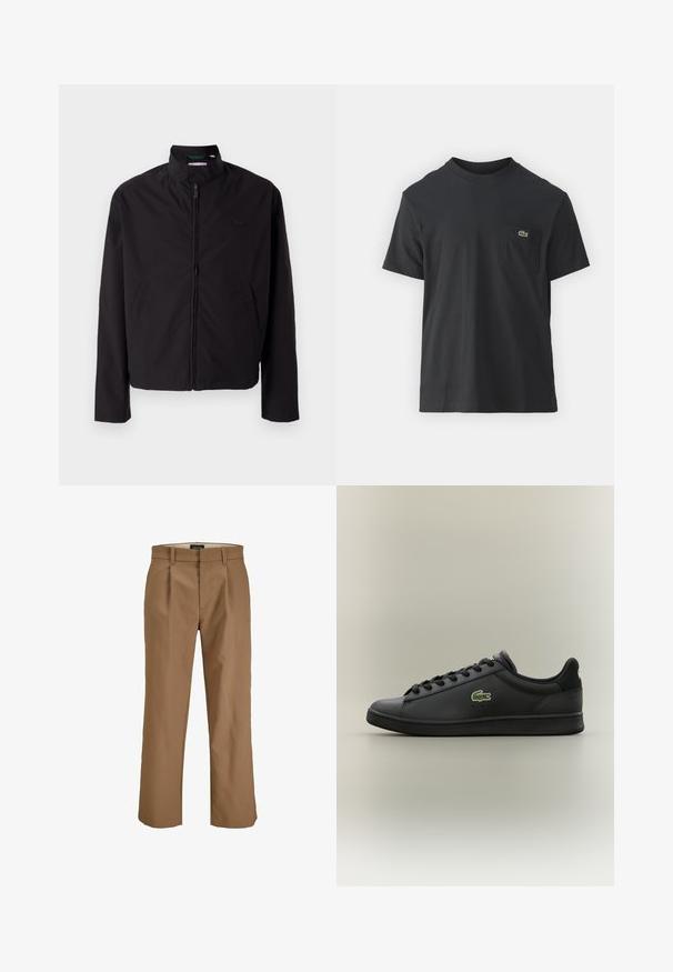 Veste légère noire, fermeture éclair, col montant, poches latérales, tissu lisse, design minimaliste avec accent logo sur la poitrine.; T-shirt en coton noir à manches courtes, col rond, avec un petit logo vert sur la poche gauche de la poitrine. Design simple, coupe regular.; Pantalon marron en tissu lisse, avec une coupe droite, des plis à l'avant et des passants de ceinture. Pas de motifs ni d'accents visibles.; Baskets en cuir noires à bas/top avec des lacets noirs, arborant un logo de crocodile vert sur le côté, sur un fond neutre uni.