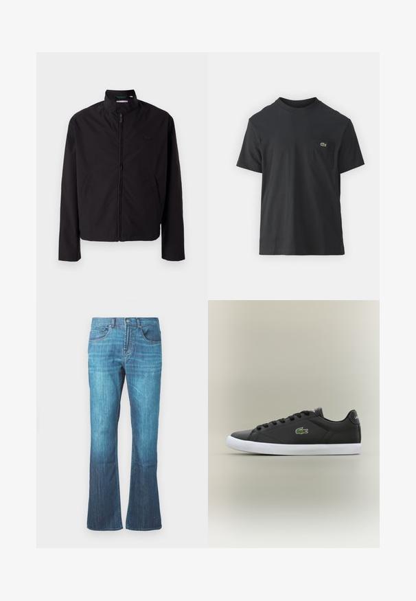 Schwarze leichte Jacke, mit Reißverschluss, Stehkragen, Seitentaschen, glattes Material, minimalistisches Design mit Logo-Akzent auf der Brust.; Schwarz Baumwoll-T-Shirt mit kurzen Ärmeln, rundem Ausschnitt und einem kleinen grünen Logo auf der linken Brusttasche. Einfaches Design, reguläre Passform.; Mitternachtsblaue Waschung Jeans mit leichtem Ausschlag am Saum, klassisches Fünf-Taschen-Design und vorderem Knopf- und Reißverschluss.; Schwarze Leder-Sneaker mit weißer Gummisohle, ausgestattet mit einem grünen Krokodil-Logo und runden Schnürsenkeln, elegantes Design mit glatter Textur.