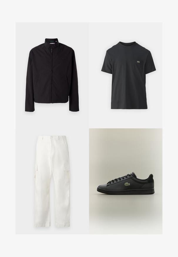Schwarze leichte Jacke, mit Reißverschluss, Stehkragen, Seitentaschen, glattes Material, minimalistisches Design mit Logo-Akzent auf der Brust.; Schwarz Baumwoll-T-Shirt mit kurzen Ärmeln, rundem Ausschnitt und einem kleinen grünen Logo auf der linken Brusttasche. Einfaches Design, reguläre Passform.; Weiße Cargo-Hosen aus Baumwolle mit geradem Bein, zwei Seitentaschen und zwei Cargo-Taschen an den Oberschenkeln.; Schwarzer, niedrig geschnittener Ledersneaker mit schwarzen Schnürsenkeln, der ein grünes Krokodil-Logo an der Seite trägt, vor einem schlichten, neutralen Hintergrund.