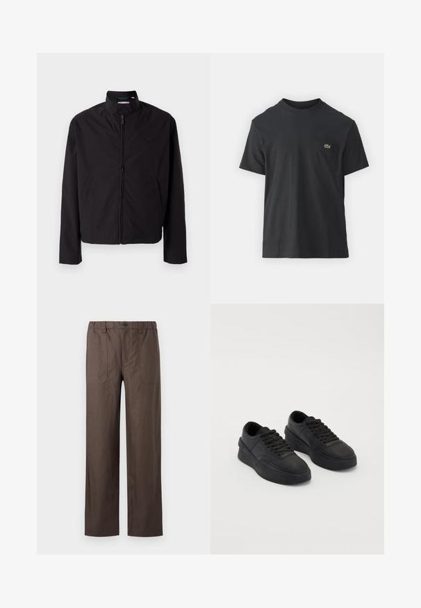 Zwarte lichtgewicht jas, ritssluiting, opstaande kraag, zijzakken, gladde stof, minimalistisch ontwerp met logo-accent op de borst.; Zwarte katoenen t-shirt met korte mouwen, ronde halslijn en een klein groen logo op de linkerkant van de borstzak. Eenvoudig ontwerp, normale pasvorm.; Bruine, wijde broek gemaakt van een lichtgewicht stof. Heeft een elastische tailleband en twee voorzakken met rechthoekige stikaccenten.; Zwarte sneakers van soepel leer met een gestoffeerde zool. Kenmerken zijn plat veter, perforaties op de teen en een slanke silhouet.