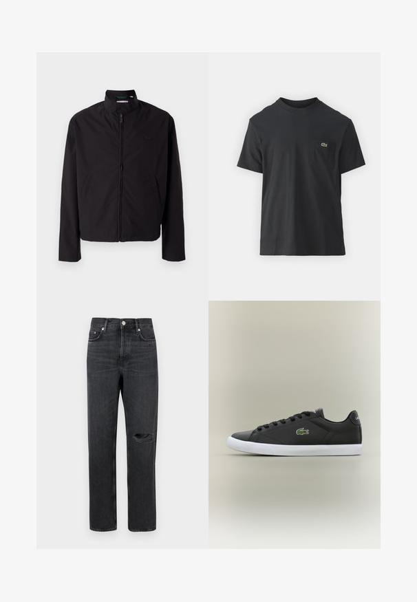Black lightweight jacket, zip closure, stand-up collar, side pockets, smooth fabric, minimalistic design with logo accent on the chest.; Black cotton t-shirt with short sleeves, round neckline, and a small green logo on the left chest pocket. Simple design, regular fit.; Black denim jeans with a straight leg, featuring a ripped knee, five-pocket design, and metal hardware at the waist and pockets.; Black leather sneakers with white rubber sole, featuring a green crocodile logo and round laces, sleek design with smooth texture.