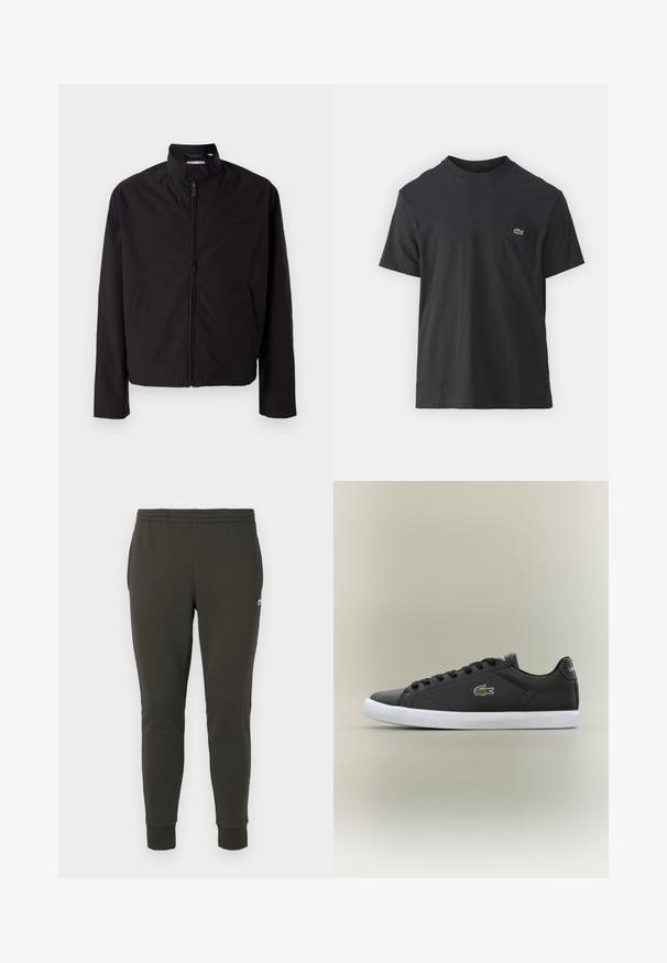 Czarna lekka kurtka, zapinana na zamek, z kołnierzem stojącym, kieszeniami po bokach, gładki materiał, minimalistyczny design z akcentem logo na piersi.; Czarna bawełniana koszulka z krótkim rękawem, okrągłym dekoltem i małym zielonym logo na lewej kieszeni piersiowej. Prosty design, regularny krój.; Ciemnozielone dresy wykonane z miękkiego materiału, z elastycznym pasem w talii, ściągaczami na końcach nogawek oraz małym logo z boku.; Czarne skórzane sneakersy z białą gumową podeszwą, z zielonym logo krokodyla i okrągłymi sznurówkami, o smukłym designie i gładkiej fakturze.