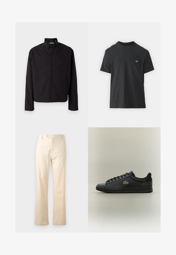 Schwarze leichte Jacke, mit Reißverschluss, Stehkragen, Seitentaschen, glattes Material, minimalistisches Design mit Logo-Akzent auf der Brust.; Schwarz Baumwoll-T-Shirt mit kurzen Ärmeln, rundem Ausschnitt und einem kleinen grünen Logo auf der linken Brusttasche. Einfaches Design, reguläre Passform.; Beige Baumwollhose mit geradem Schnitt, Reißverschluss und Knopfverschluss. Sauberes Design ohne sichtbare Muster oder Hardware-Akzente.; Schwarzer, niedrig geschnittener Ledersneaker mit schwarzen Schnürsenkeln, der ein grünes Krokodil-Logo an der Seite trägt, vor einem schlichten, neutralen Hintergrund.