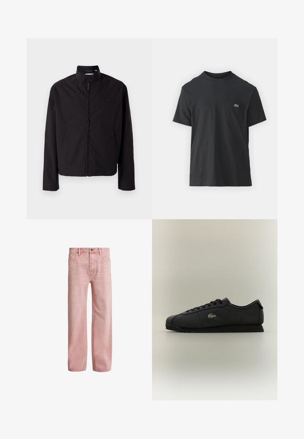 Casaco leve preto, com fecho elétrico, gola alta, bolsos laterais, tecido liso, design minimalista com logótipo em destaque no peito.; Camiseta de algodão preta com mangas curtas, decote redondo e um pequeno logo verde no bolso do peito esquerdo. Design simples, corte regular.; AllSaints LENNY - Calças de ganga de corte relaxado - light pink; Sapatilha preta de cano baixo com atacadores na frente, sola texturizada e logotipo dourado de crocodilo na lateral.