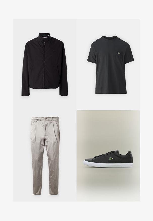 Casaco leve preto, com fecho elétrico, gola alta, bolsos laterais, tecido liso, design minimalista com logótipo em destaque no peito.; Camiseta de algodão preta com mangas curtas, decote redondo e um pequeno logo verde no bolso do peito esquerdo. Design simples, corte regular.; Calças pregueadas cinza claro feitas de tecido suave, apresentando uma cintura elástica e pernas afuniladas. Sem bolsos visíveis.; Tênis de couro preto com sola de borracha branca, apresentando um logotipo de crocodilo verde e cadarços redondos, design elegante com textura suave.