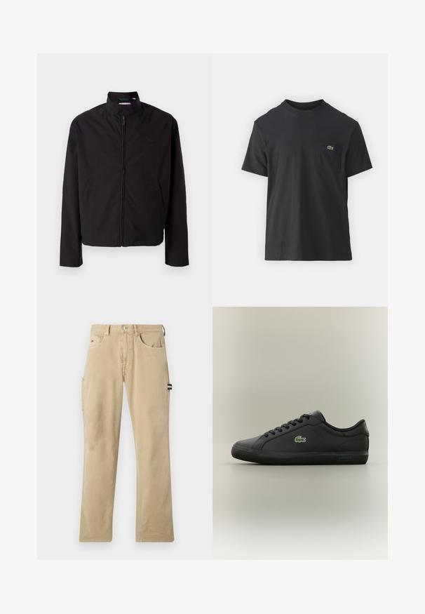 Czarna lekka kurtka, zapinana na zamek, z kołnierzem stojącym, kieszeniami po bokach, gładki materiał, minimalistyczny design z akcentem logo na piersi.; Czarna bawełniana koszulka z krótkim rękawem, okrągłym dekoltem i małym zielonym logo na lewej kieszeni piersiowej. Prosty design, regularny krój.; Beżowe spodnie bawełniane o prostym kroju nogawki, z dwoma przednimi kieszeniami, boczną kieszenią cargo oraz małą metką z logo na pasku.; Czarne skórzane trampki o gładkiej fakturze, okrągły czubek, sześć oczek i zielone logo Lacoste z boku. Gumowa podeszwa o niskim profilu.