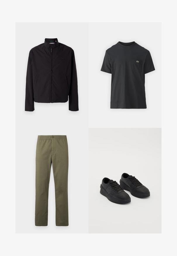 Svart lett jakke med glidelås, oppreist krage, lommer på siden, glatt stoff, minimalistisk design med logo-akkent på brystet.; Svart bomull t-skjorte med korte ermer, rund hals og en liten grønn logo på venstre brystlomme. Enkelt design, normal passform.; Lacoste Bukse - olive; Par par sortbukser i sort med lave platformer, snørebånd, tykke såler og perforeringsdetaljer på tåområdet mot en ensfarget bakgrunn.