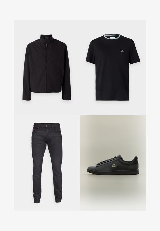 Svart lett jakke med glidelås, oppreist krage, lommer på siden, glatt stoff, minimalistisk design med logo-akkent på brystet.; Svart bomull T-skjorte med rund hals, med hvit og grønn stripete kant og brodert grønn krokodillelogo på venstre bryst.; Tynne svarte jeans med en glatt tekstur, fem lommer, belteholdere og metalldekning. Har subtil merking på frontlommen.; Sorte lavoyer skinnesko med svarte snørebånd og en grønn krokodillelogo på siden, plassert mot en enkel nøytral bakgrunn.