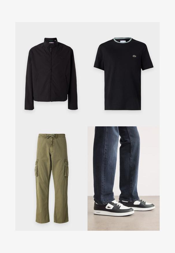 Schwarze leichte Jacke, mit Reißverschluss, Stehkragen, Seitentaschen, glattes Material, minimalistisches Design mit Logo-Akzent auf der Brust.; Schwarzes Baumwoll-T-Shirt mit Rundhalsausschnitt, ausgestattet mit einem weißen und grünen Streifenrand und einem gestickten grünen Krokodil-Logo auf der linken Brust.; Cargo-Hose aus olivgrünem Baumwollmix, mit einem elastischen Bund und Kordelzug, seitlichen Cargo-Taschen und geradem Beinschnitt.; Schwarz-weiße Lacoste-Sneaker mit einem Obermaterial aus strukturiertem Leder, ausgestattet mit einem Schnürdesign und einer weißen Gummiaußensohle. Getragen mit dunklen Jeans.