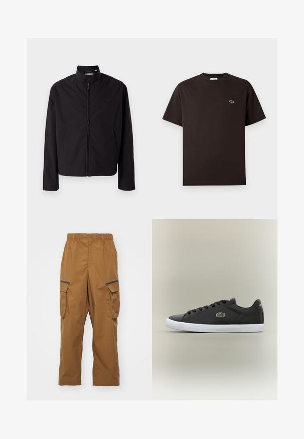 Schwarze leichte Jacke, mit Reißverschluss, Stehkragen, Seitentaschen, glattes Material, minimalistisches Design mit Logo-Akzent auf der Brust.; Braunes, kurzärmeliges T-Shirt aus Baumwolle. Verfügt über ein dezentes, grünes, gesticktes Krokodil-Logo auf der linken Brust. Klassisches Rundhalsausschnitt-Design.; Braune Cargo-Hosen mit entspannter Passform, elastischem Bund, zwei Seitentaschen und schwarzen Akzenten an den Taschen. Hergestellt aus strapazierfähigem, strukturiertem Stoff.; Schwarze Leder-Sneaker mit weißer Gummisohle, ausgestattet mit einem grünen Krokodil-Logo und runden Schnürsenkeln, elegantes Design mit glatter Textur.