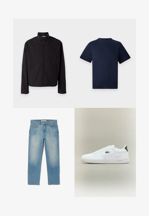 Crna lagana jakna, zatvaranje na zip, stojeći ovratnik, bočni džepovi, glatka tkanina, minimalistički dizajn s logotipom na prsima.; Navy plava pamučna majica s kratkim rukavima, okruglim izrezom i suptilno izvezenim logom na prsima. Glatka tekstura, opušteni kroj.; Svijetloplavi traperice s ravnim nogavicama, pet džepova i malo izblijedjelim pranjem. Imaju srebrne metalne dijelove i oznaku na pojasu s brendom.; Bijele kožne tenisice s glatkom površinom, zelenim naglascima na peti i zelenim logotipom sa strane. Imaju ravni potplat i okrugli vrh.