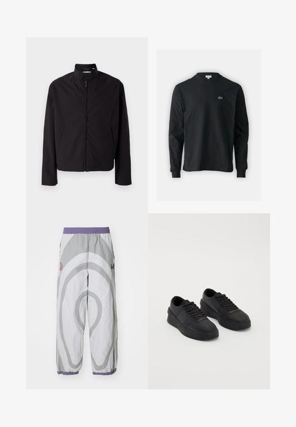 Černá lehká bunda, zapínání na zip, stojací límec, boční kapsy, hladká tkanina, minimalistický design s logem na prsou.; Černé dlouhé rukávy triko vyrobené z bavlny, s kulatým výstřihem a malým zeleným vyšitým logem krokodýla na levé hrudi.; Lehké, šedé kalhoty s vzorovaným bílým spirálovým designem. Mají elastický pas a zúžené manžety s fialovými akcenty.; Černé tenisky vyrobené z hladké kůže s polstrovanou podrážkou. Mezi vlastnosti patří ploché tkaničky, perforace na špičce a elegantní silueta.