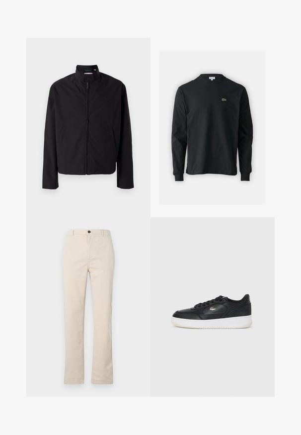 Svart lett jakke med glidelås, oppreist krage, lommer på siden, glatt stoff, minimalistisk design med logo-akkent på brystet.; Svart langermet T-skjorte laget av bomull, med rund hals og en liten grønn brodert krokodillelogo på venstre bryst.; Lys beige bomullsbukser med rett ben-design, med frontknapp-lukking, glidelås og minimale sømdetaljer.; Svarte lærersneakers med hvit såle, med rund tå, snøring og en subtil logo på siden. Teksturert overdel.