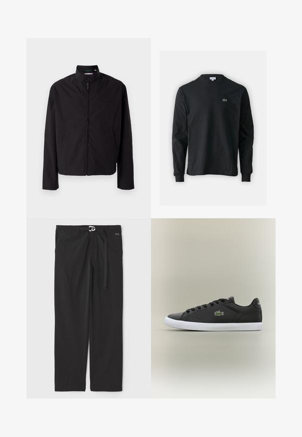 Svart lett jakke med glidelås, oppreist krage, lommer på siden, glatt stoff, minimalistisk design med logo-akkent på brystet.; Svart langermet T-skjorte laget av bomull, med rund hals og en liten grønn brodert krokodillelogo på venstre bryst.; Svarte bukser med elastisk midje, justerbar snor i livet, og sidelommer. Laget av glatt, lett stoff. Lacoste-logo detalj.; Svarte lær sneakers med hvit gummisåle, med grønt krokodillelogo og runde snører, elegant design med glatt tekstur.