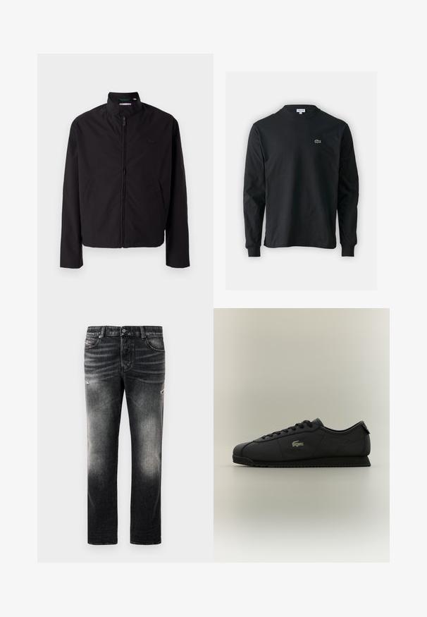 Svart lett jakke med glidelås, oppreist krage, lommer på siden, glatt stoff, minimalistisk design med logo-akkent på brystet.; Svart langermet T-skjorte laget av bomull, med rund hals og en liten grønn brodert krokodillelogo på venstre bryst.; Sorte jeans med en falmet finish og slidte detaljer, standard fem-lomme-design og glidelås foran. Laget av denimstoff.; Svart lavt topp sneaker med snøring foran, teksturert såle og gull krokodille-logo på siden.