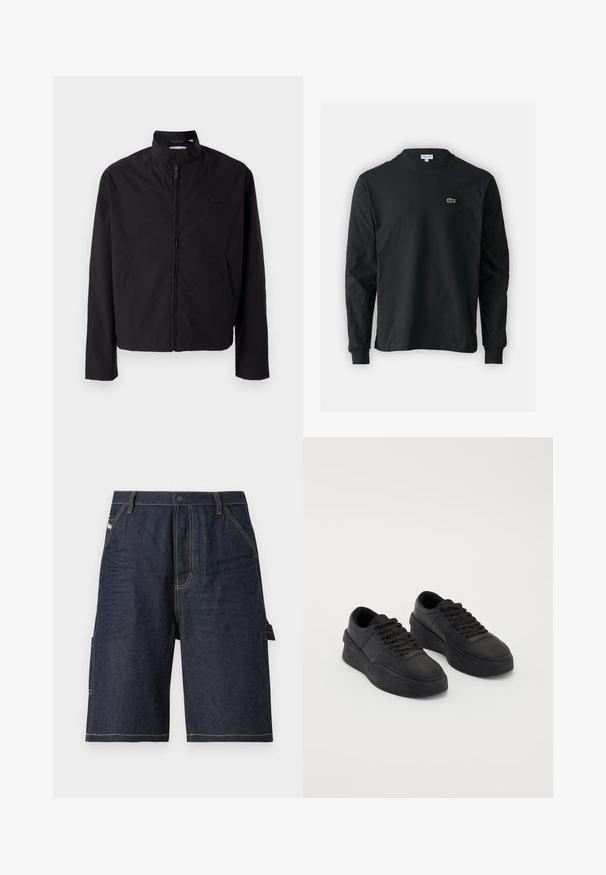 Musta kevyt takki, vetoketjukiinnitys, ylösnostettava kaulus, sivutaskut, sileä kangas, minimalistinen muotoilu logovivahteella rinnassa.; Musta pitkähiha t-paita, joka on valmistettu puuvillasta. Paita on varustettu pyöreällä kaula-aukolla ja vasemmassa rinnassa on pieni vihreä brodeerattu krokotiililogo.; Tummansinisiä farkkushortsit, joissa on suora leikkaus, viisi taskua, keltaiset ompeluyksityiskohdat ja sivutasku lisätoiminnallisuutta varten.; Musta matala alusta lenkkaripari, jossa on nauhat, paksut pohjat ja rei'itysdetaileja varpaiden alueella tasaisen taustan edessä.