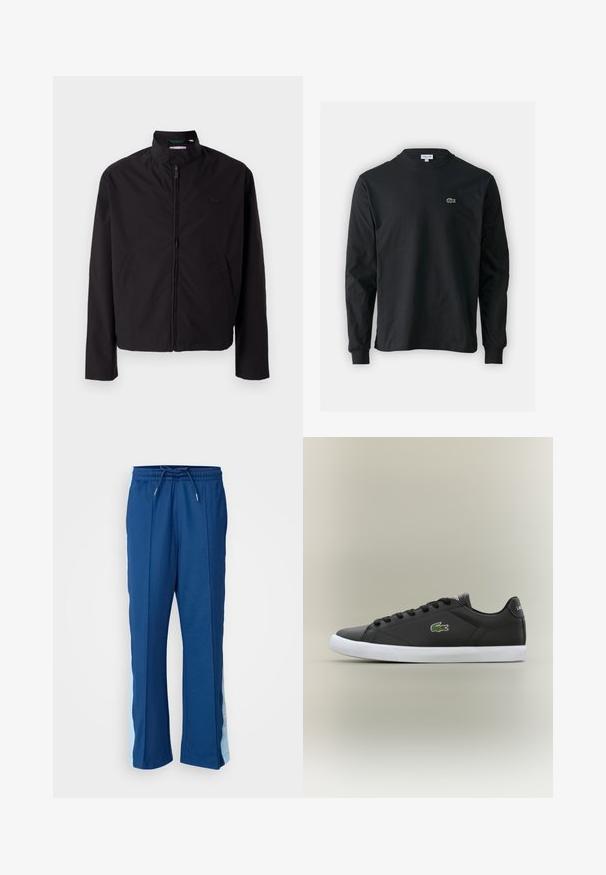 Černá lehká bunda, zapínání na zip, stojací límec, boční kapsy, hladká tkanina, minimalistický design s logem na prsou.; Černé dlouhé rukávy triko vyrobené z bavlny, s kulatým výstřihem a malým zeleným vyšitým logem krokodýla na levé hrudi.; Námořnické modré sportovní kalhoty vyrobené z měkké tkaniny, s páskem na stažení v pase a světle modrými bočními panely s jemným vzorem.; Černé kožené tenisky s bílou gumovou podrážkou, se zeleným logem krokodýla a kulatými tkaničkami, elegantní design s hladkým povrchem.